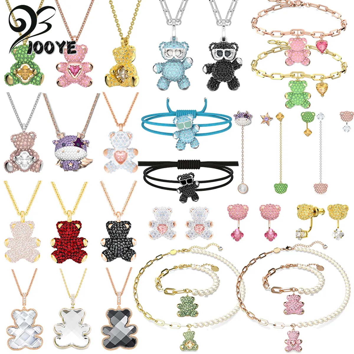 

Original New Teddy Pearl Necklace Bracelet Luxury Fine Jewelry Set Charm Pink Green Cute Cub Crystal Fashion Women's Earrings