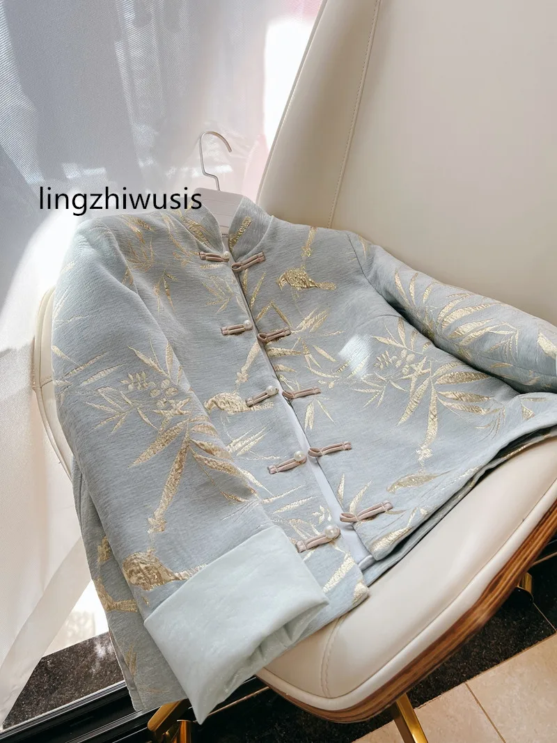 

lingzhiwusis Chinese Style Coat 2024 Spring Female Green Top Quality Cheongsam Top Outerwear New Arrive