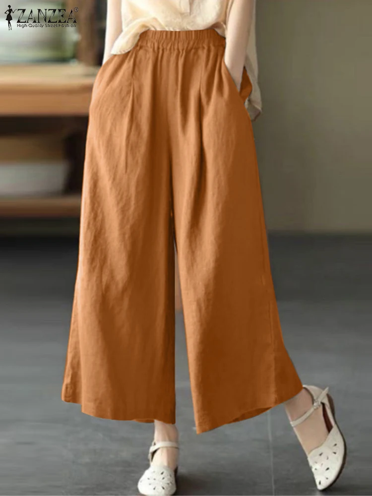 

ZANZEA Summer Pants Female Cotton Long Pant Women Elastic Waist Ankle Length Trousers Vintage Solid Work Pantalon Femme Palazzo
