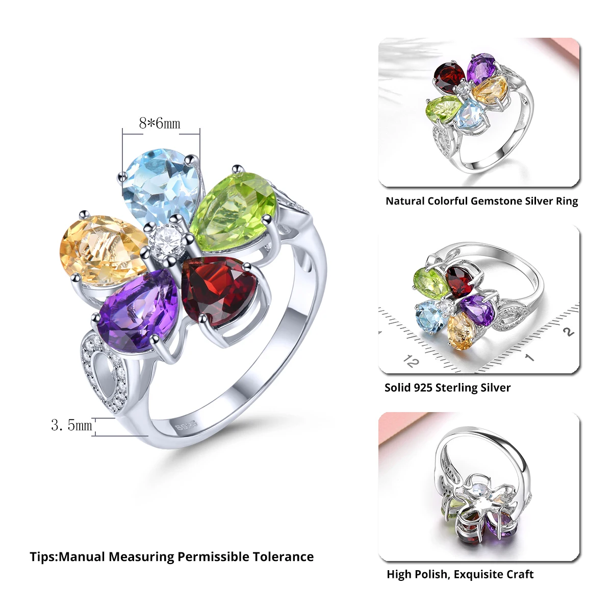 Jewelryonclick Genuine 5 Carat Citrine Silver Adjustable Rings for