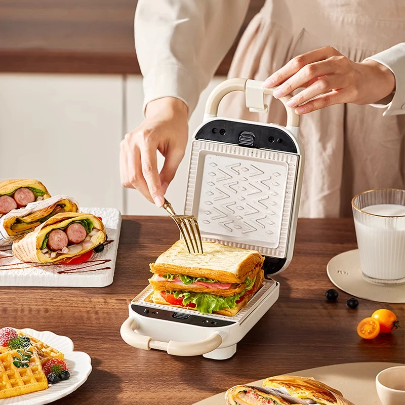 Non-Stick Ceramic Sandwich & Waffle Iron, Compact Breakfast Grill Machine, 2-in-1 Toast Panini Press with Detachable Plates