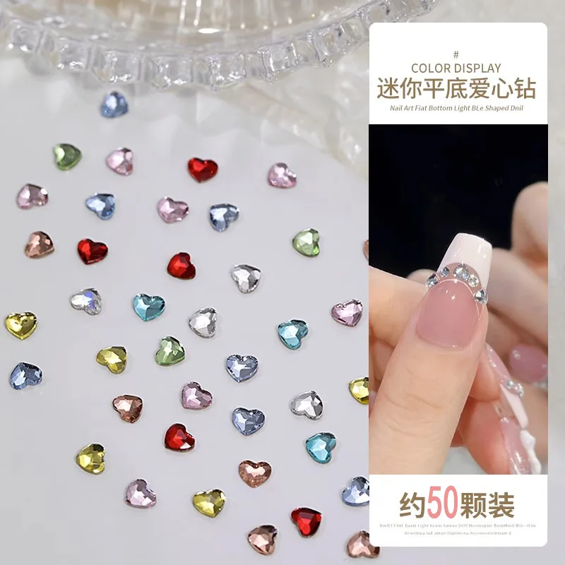 

50pcs Nail Art Mini Heart Diamond Colorful Peach Heart Shaped Flat Bottom Diamond Flashing False Nail Accessories
