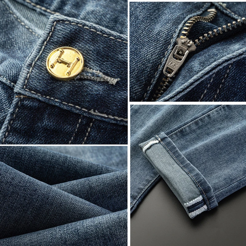 Autumn Winter Slim-Fitting Jeans for Men Ankle-Tied Cotton Elastic Korean 3D Printing Horse-Drawn Tram Embroidery Denim Pants 5