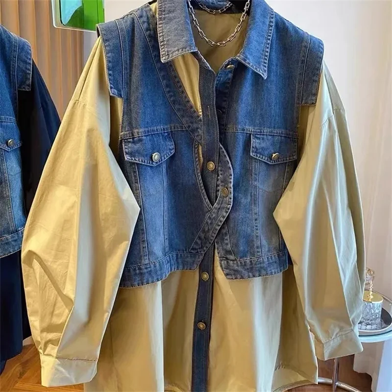 

European Goods Fat MM Thin Belly Fake Two-Piece Shirt loose Tibetan Meat Autumn Design Sense, Denim Stitching Long-sleeved Shirt