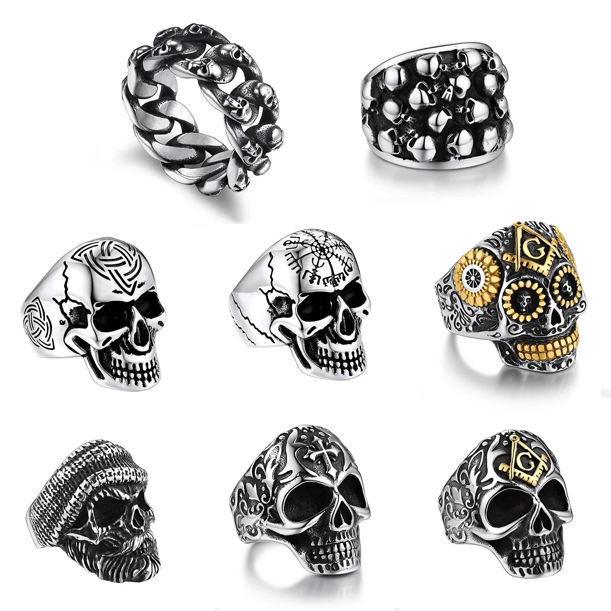U7 Stainless Steel Big Skull Rings for Man Woman Size 7-14 Cross 3D Skeleton Cuban Chain Celtic Knot Pattern Gothic Punk Jewelry 1