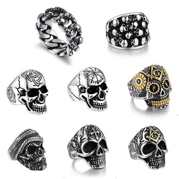 U7 Stainless Steel Big Skull Rings for Man Woman Size 7-14 Cross 3D Skeleton Cuban Chain Celtic Knot Pattern Gothic Punk Jewelry 1