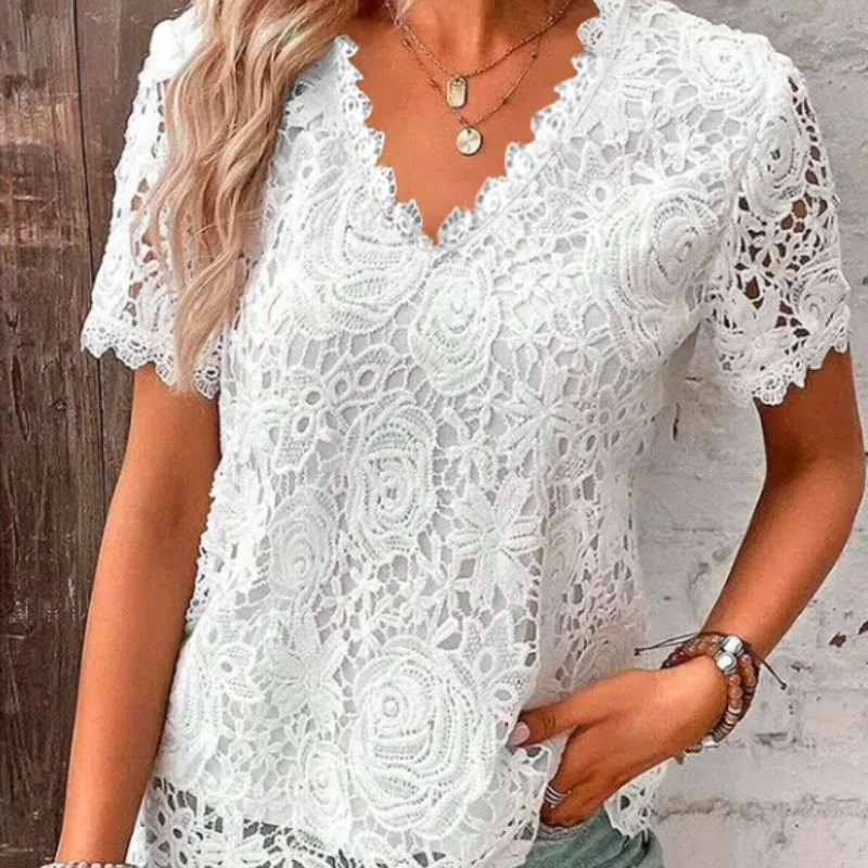 Summer New Blouse V-neck Elegant Lace Women's Casual Top Short Sleeved Flower Embroidered T-shirt 328