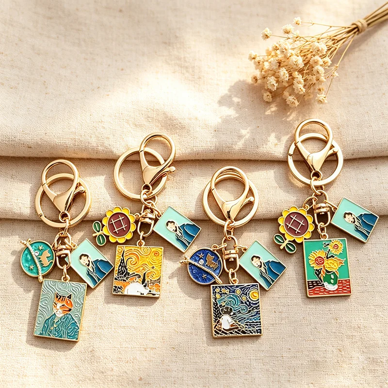 Von Gogh inspirierte Kunst-Schlüsselanhänger-Charms, Sonnenblumen- und Porträt-Emaille-Schlüsselanhänger, verschiedene Malerei-Designs, ideales Geschenk für Kunstliebhaber