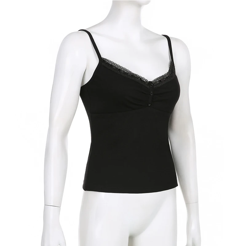 Sexy Falten Knöpfe ärmellose Crop Top schwarz Vintage Y2k Korsett Tops lässig Basic T-Shirt – Detail 4