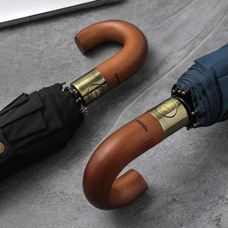 Folding Umbrella Luxury Wooden Umbrella Windproof 10 Ribs Parachase Fully Automatic Umbrella Men Folding Big Golf