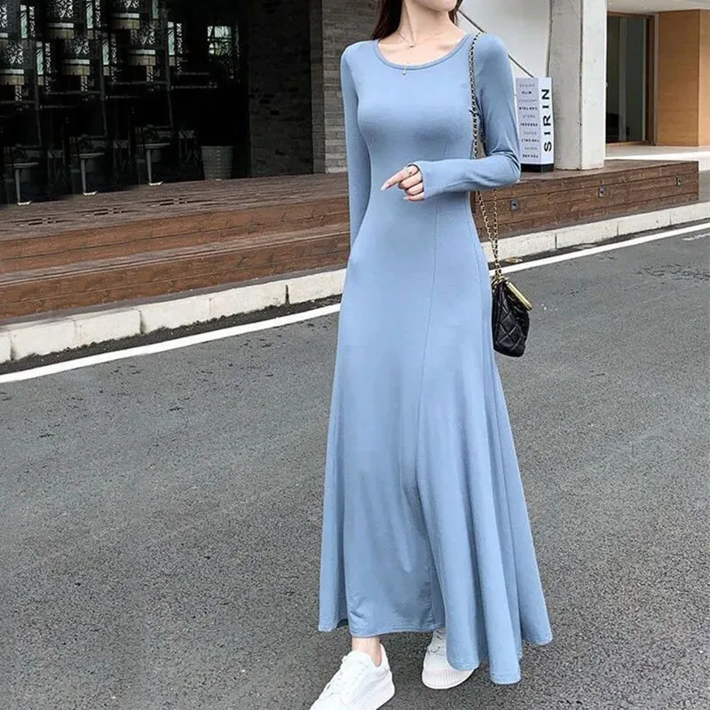 

Zoki Autumn Long Sleeve Women Dress Korean Slim O Neck Ankle A Line Dress Fashion 3Xl Oversized Solid Elegant Casual Dresses New