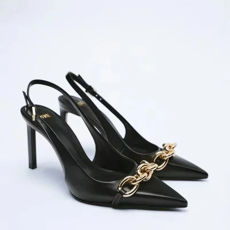 New Summer Sexy Slingback Sandals Women High Heel Metal Chain Design Fashion Pointed Toe Women Party High Heel Sandals