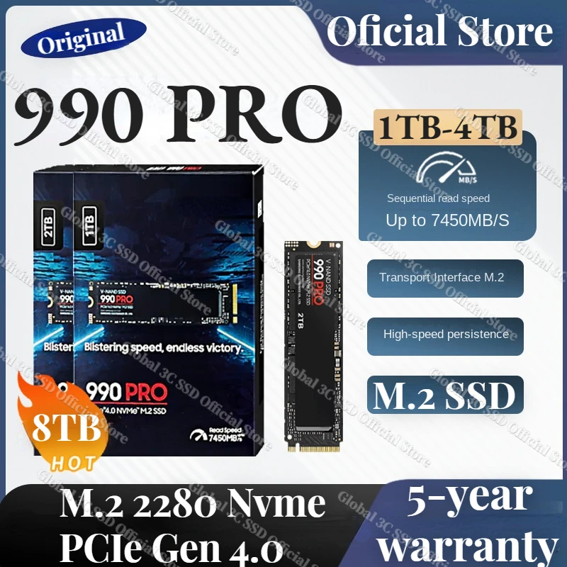 

2024 Original NVME M.2 2280 990 PRO SSD 1TB 2TB 4TB PCIe Gen 5.0 Internal Solid State Disk for PlayStation 5 Laptop Desktop PS4