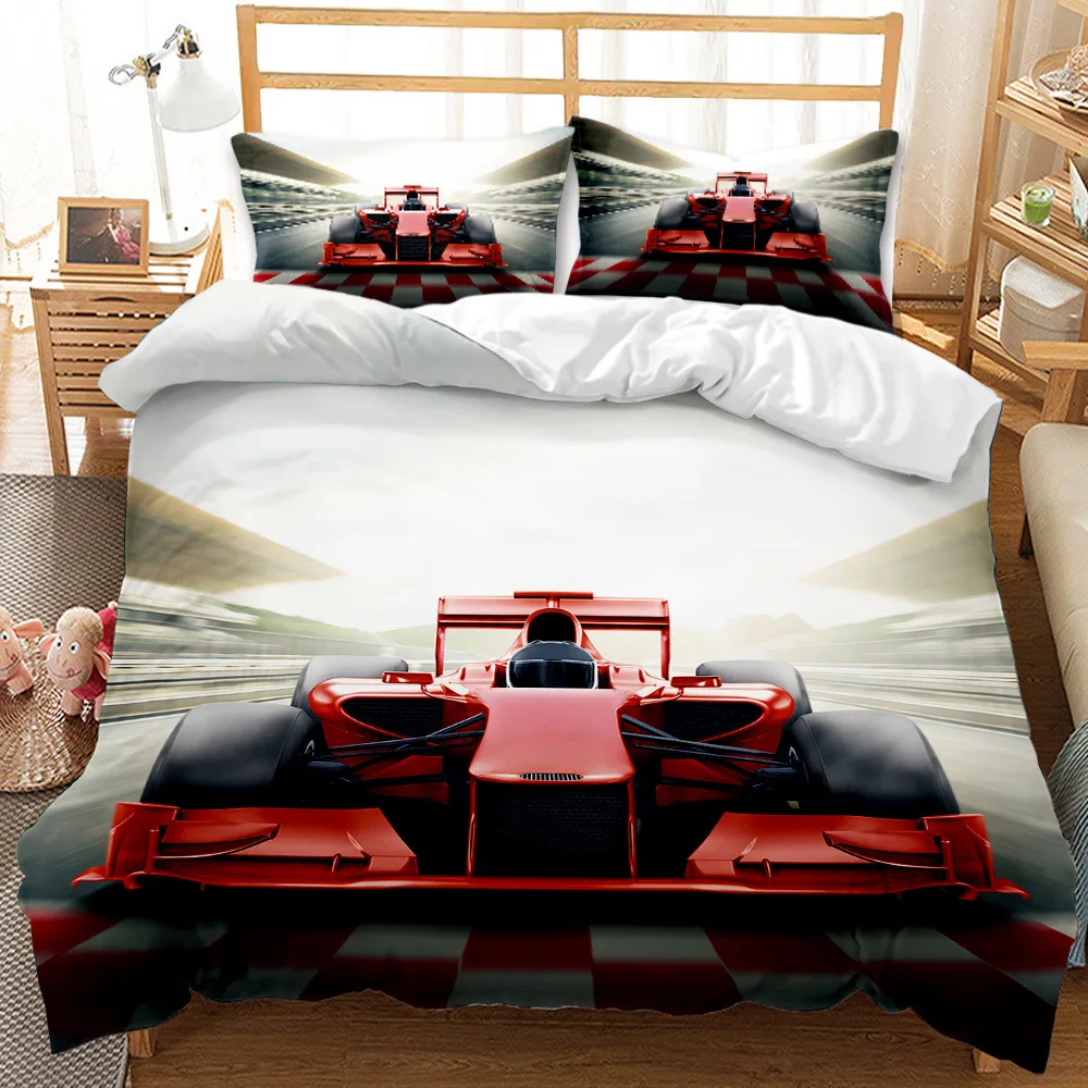 

Race Car Duvet Cover Set Boys Sport Bedding Set Queen Size for Teens Red Sports Car with Zipper Closure 3 Pieces Comforter Cover