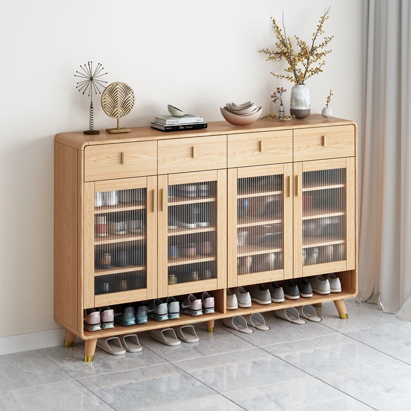 

Nordic small household shoe cabinet, solid wood household doorway, simple modern large capacity wood color glass entrance cabine