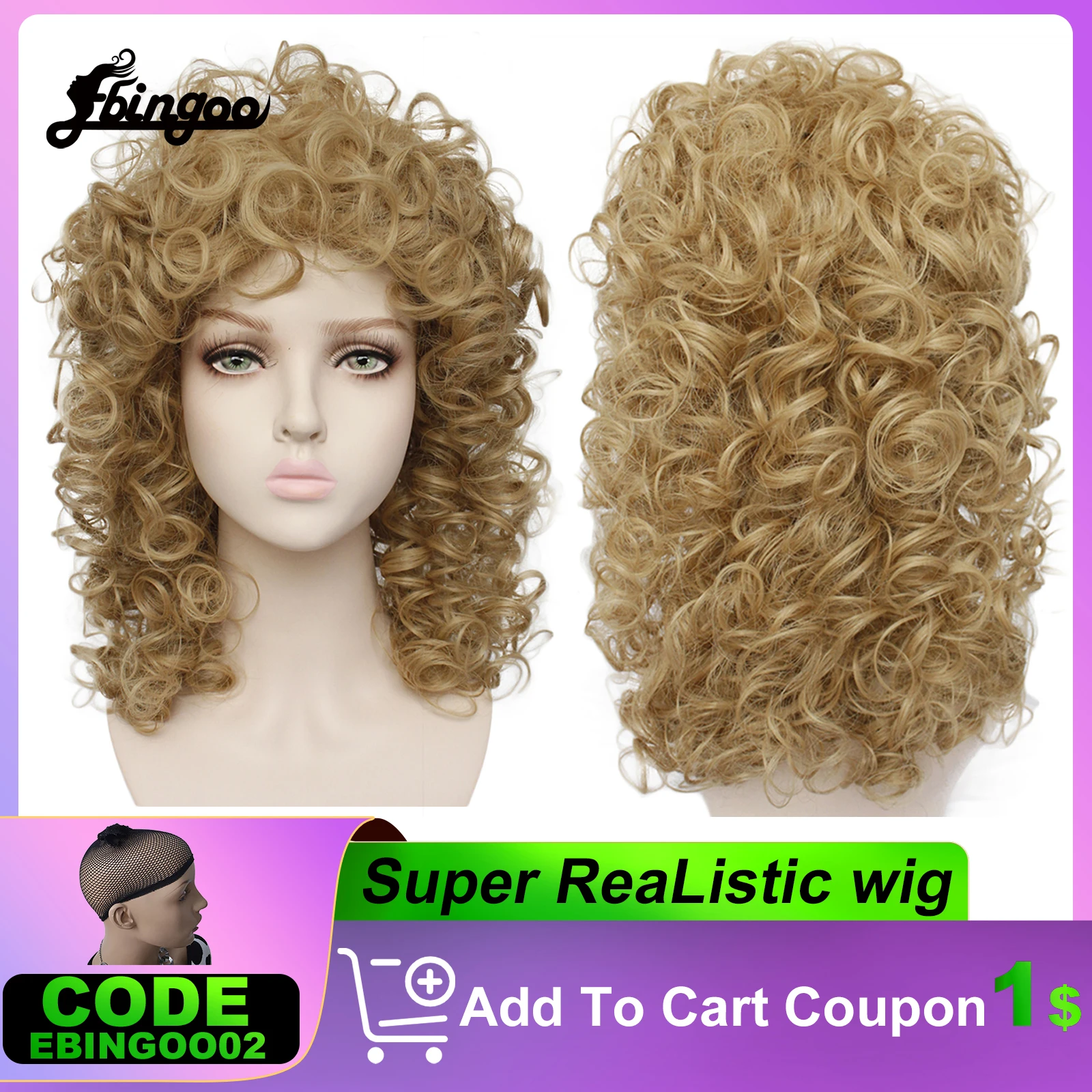 Ebingoo 70s 80s Disco Hallween Rocker Wig Short Curly Golden