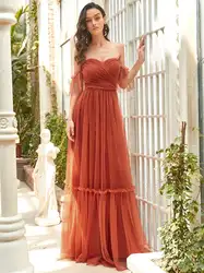 Elegant Evening Dress Tulle Strapless Ruffles Sleeves Floor Length 2024 BAZIIINGAAA of A-LINE Burnt orange Bridesmaid Dress