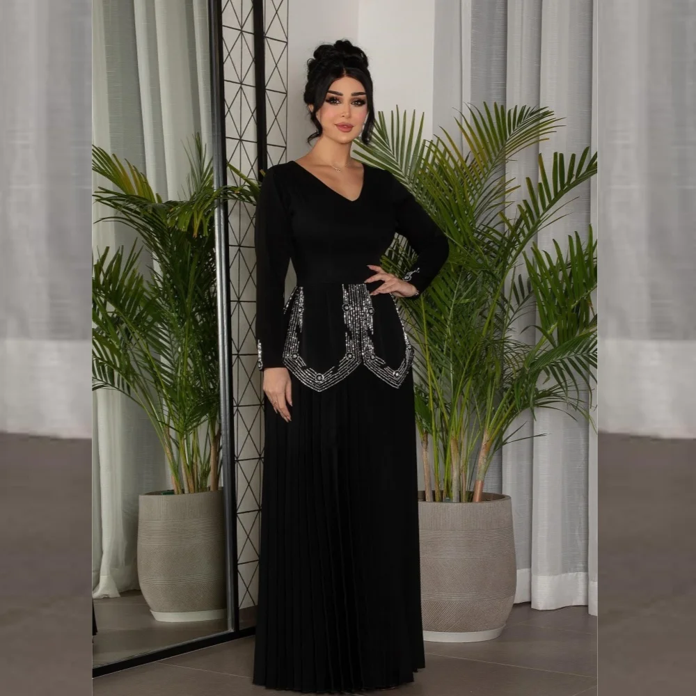 

Prom Dress Jersey Applique Draped Formal Evening A-line V-Neck Bespoke Occasion Gown Long Sleeve Dresses Saudi Arabia