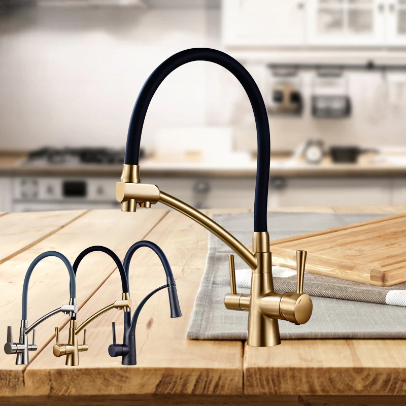 Kitchen Purification Flexible Rotated Kitchen Faucet Dual Spout Dual Handles Mixer Tap Hot and Cold Pure Water Mixer
