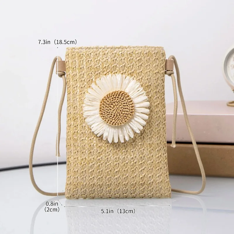 Stylish Straw Weaving Phone Bags for Women's Girls Chic Cross Body Bag, Paired with White Flowers Single Weave Mini Shoulder Bag