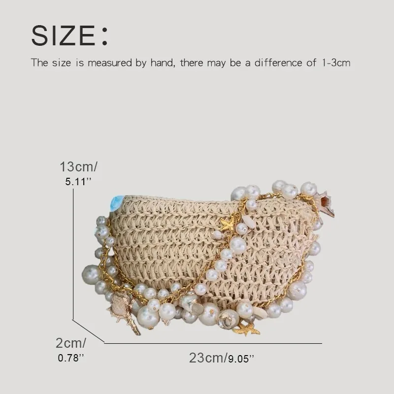 Cute Bohemian Pearls Straw Bag Hand-Woven Conch Starfish Handbags Half Moon Shoulder Bags Rattan Seaside Travel Underarm Pouch
