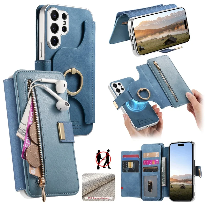 Premium Magnetic Leather Wallet Phone Case with Ring Card Holder