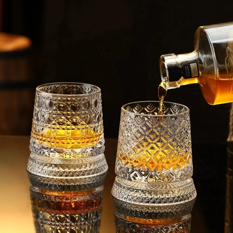2PCS Whiskey Glasses Rotating Whisky Glass With Glass Base 360 Rotate Degrees Crystal Rum Glass For Cocktail Party Drinking Gift