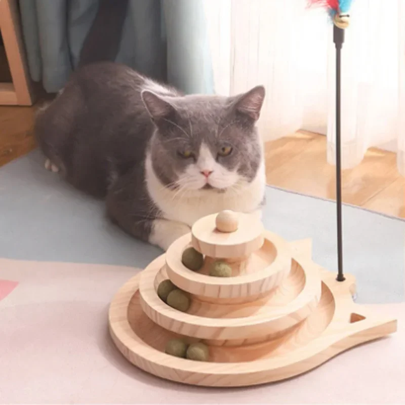 Wooden Cat Toy Tower with Tracks and Ball for Kitten Training