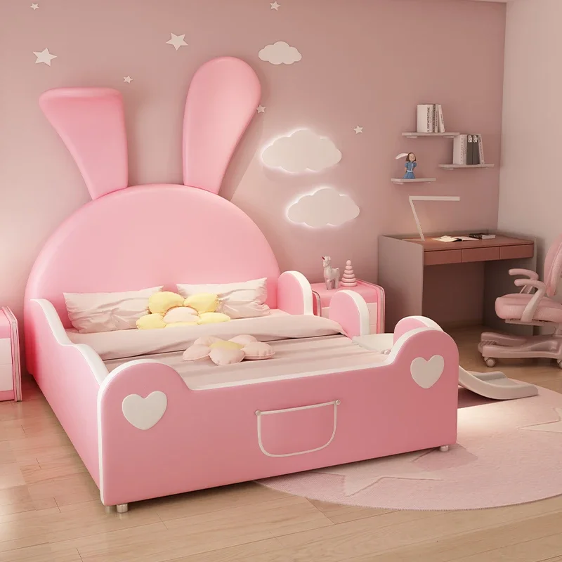 Children's bed girl princess bed 1m 5 solid wood single pink big ear rabbit cartoon leather with slide guardrail