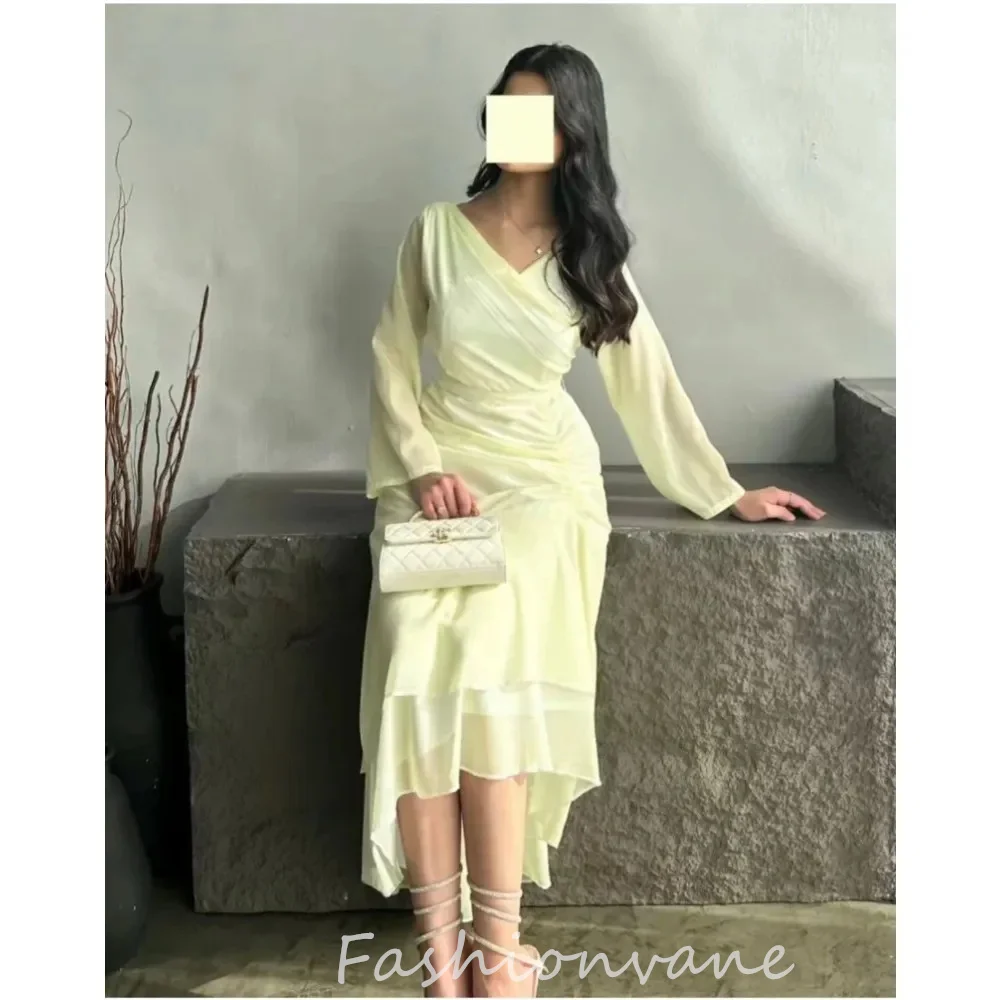 

Fashionvane Chiffon V Neck Tea Length Prom Dresses Yellow Formal Evening Dress Long Sleeves Graduation Party Gowns