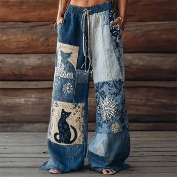 3D Cat Print Women's Wide-Leg Pants Fall/Summer Casual Comfortable Breathable Straight-Leg Pants Street Style Trendy Long Pants 1