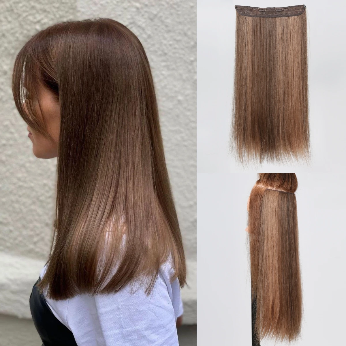 Brown Long Hair Extensions for Women Straight Invisible Synthetic Hairpieces Natural Clip Soft Fake Hair Pieces Heat Resistant