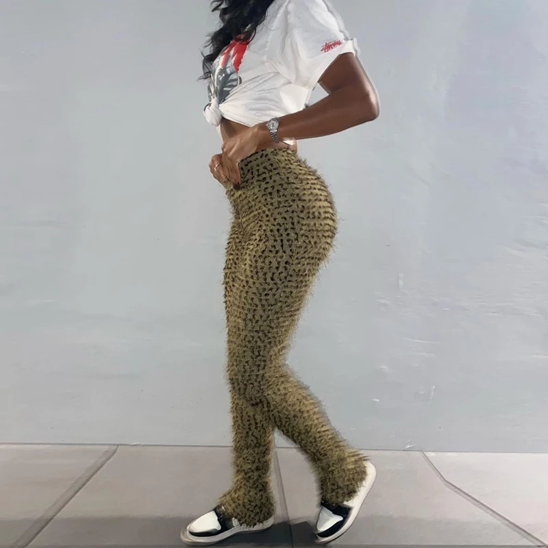 

2022 New Casual Leopard Fur Trousers Fashion High Waist Sweatpants Ladies Street Furry Pants for Women