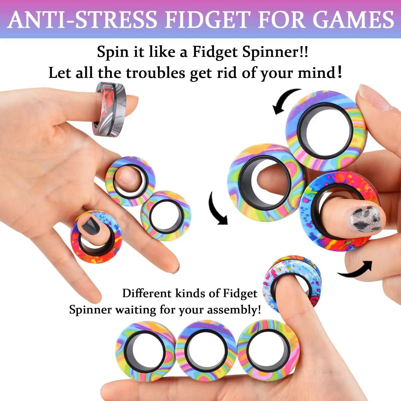YISHIDANY Magnetic Fidget Spinner Toys Fingers Magnet Rings ADHD Stress Relief Magical Toys for Adult Kids 3/9Pcs