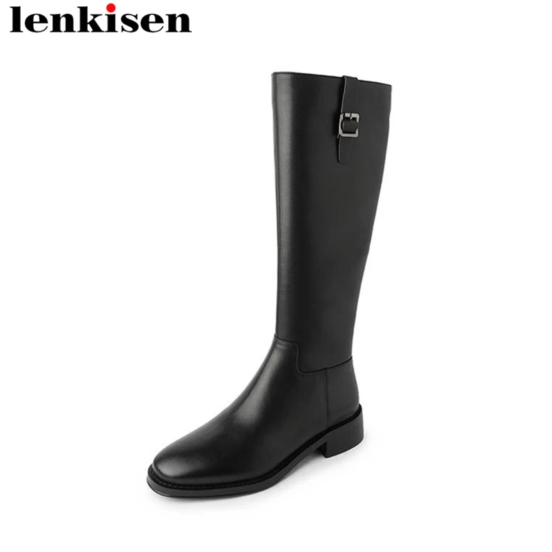 

Lenkisen Cow Leather Round Toe Winter Warm Riding Boots Thick Med Heels Gladiator Buckle Luxury Brand Modern Thigh High Boots