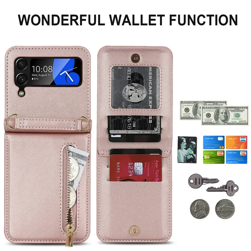 For Funda Samsung Galaxy Z Flip 6 5 4 3 Case Luxury Card Slot Phone Holder Zipper Wallet Crossbody Cover Folding Case Coque_voghion.com