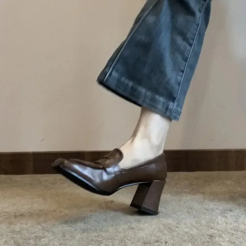 2024 Spring and Autumn Shoes Square Toe Casual Shoes Formal Black Light Mouth Solid Color Fashion Simple Basic Style High Heels 5
