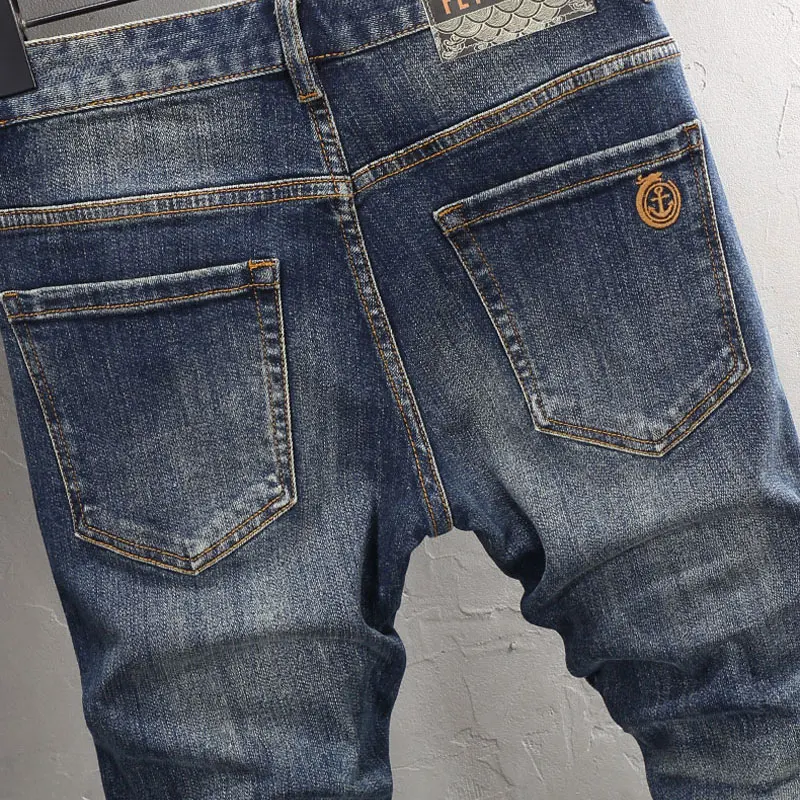 Fashion Vintage Men Jeans High Quality Retro Washed Blue Elastic Stretch Slim Fit Ripped Jeans Men Casual Trousers Denim Pants