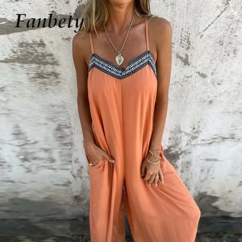 

Casual Summer Women Pocket Long Jumpsuit Fashion Solid Backless Wrap Chest Bohemian Beach Playsuit Spring Loose Strap Overall