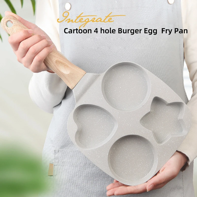 

Heart shape 2/4 Hole Frying Pan Non Stick Breakfast Burger Egg Pancake Maker Wooden Handle Medical Stone Four Hole Omelet Pan