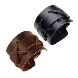 Men's Retro Handwoven Leather Wide Band Bracelet - Personalized Jewelry Accessory for Motorcycle Enthusiasts