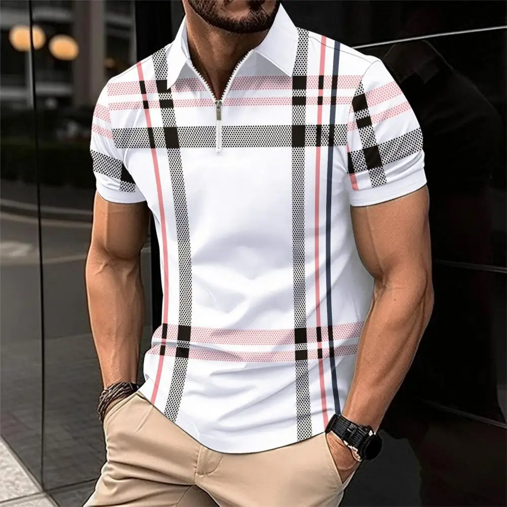 Comfortable Men Shirt Men Business Shirt Stylish Men's Summer Shirt with Lapel Zipper Plaid Striped Print Slim Fit Short for Men