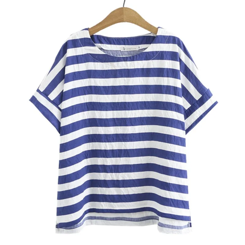 

Plus Size T-Shirt Women Clothing Silk Linen Stripe Tees Short Sleeve Curve Tops Summer 2023