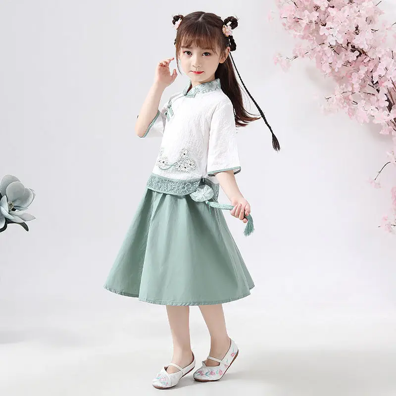 

Spring Summer Girls' Short-sleeved Blouse Two-piece Chinese Style Cotton Linen Thin Comfortable Casual Suit Children's Skirt