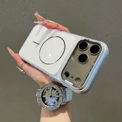 Glitter Magnetic Flip Case with Lens Protection and Stand Holder - iPhone 15 (White)