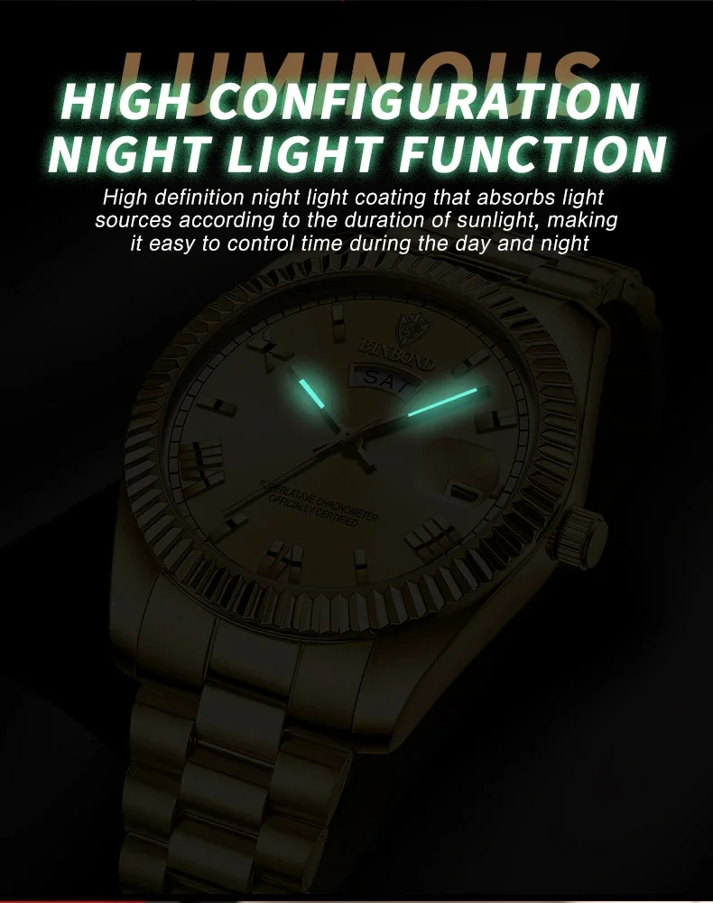 BINBOND B0733 Men's Watch Waterproof Luxury Date Quartz Waterproof Luminous Stainless Steel Wristwatch Male