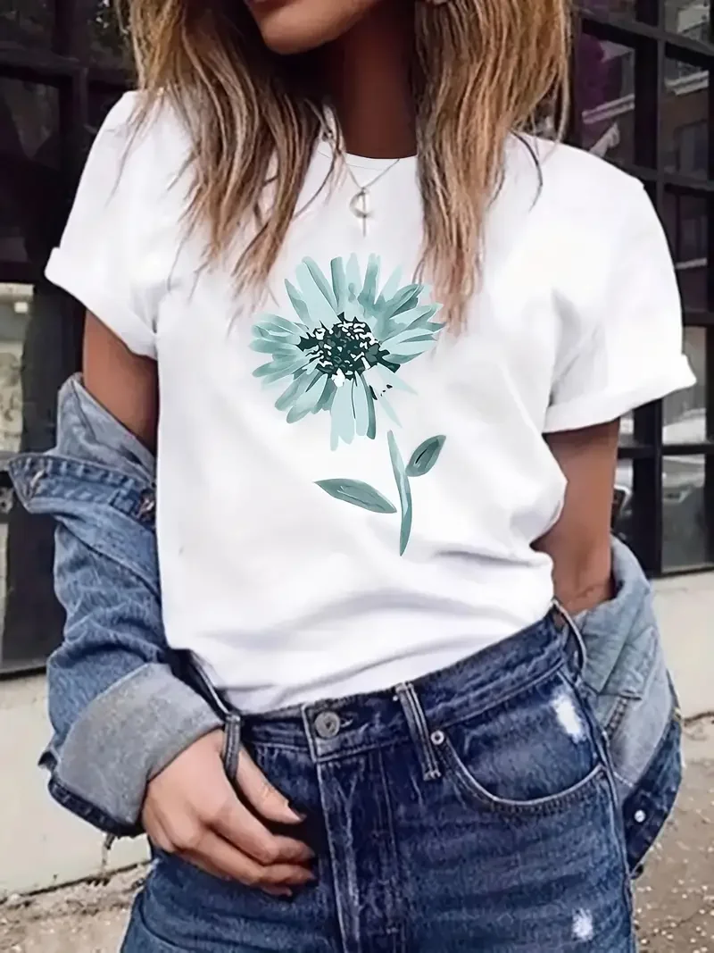 

2024 Creative Blue Sunflower Graphic T-Shirt Women Aestheticism clothes Summer Fashion Harajuku Casual Round Neck Short sleeve