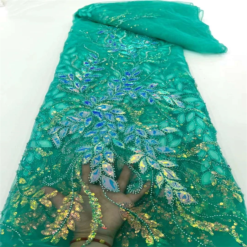  Luxury 2022 Women\'s Sewing Material 5 Yards High Quality Sequins/beads Embroidery Nigerian Lace Fabric For Party Dress CD-375