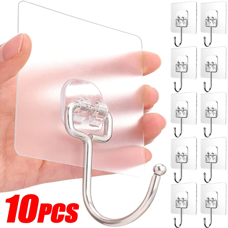 Adhesive Hooks for Hanging Heavy Duty Wall Hooks 22 lbs Self Adhesive  Sticky Hooks Waterproof Transparent Hooks for Keys Bathroom Shower Outdoor