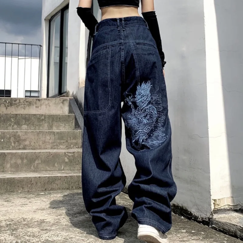 

Retro Street Loose Embroidered Straight-leg Jeans Women Hip-hop Street Casual All-match High-waist Mopping Wide-leg Trousers
